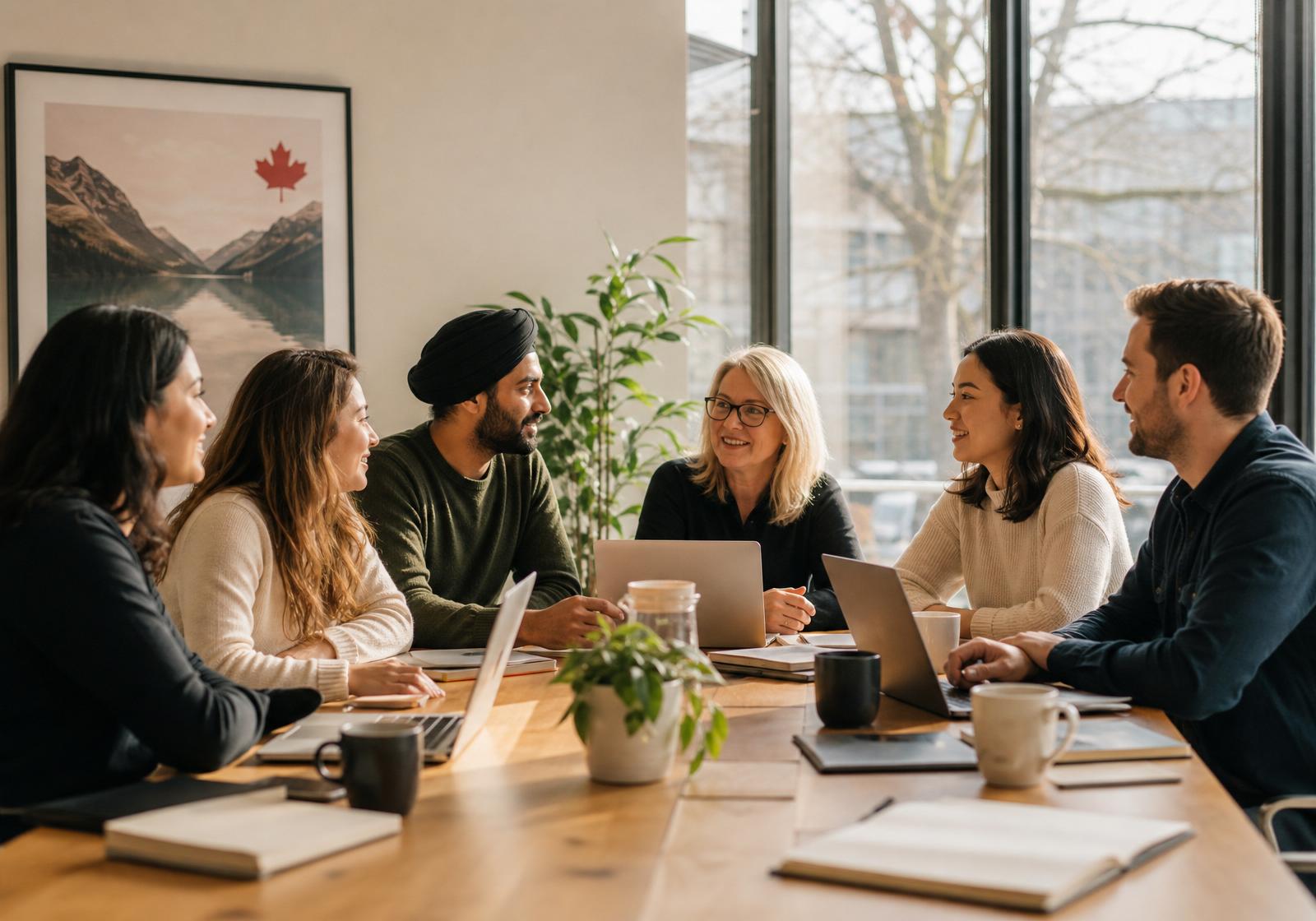 A team of Canadian professionals working with an AI Assistant in a bright modern workspace.
